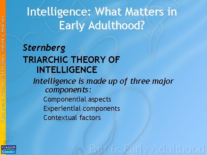 Intelligence: What Matters in Early Adulthood? Sternberg TRIARCHIC THEORY OF INTELLIGENCE Intelligence is made