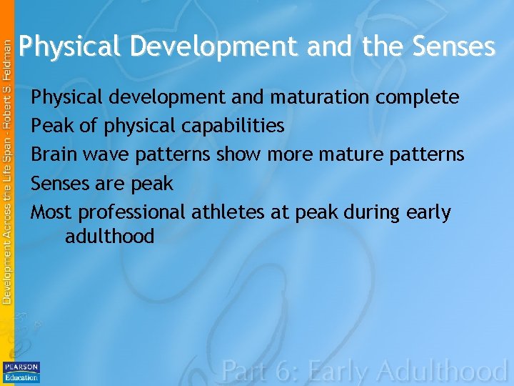 Physical Development and the Senses Physical development and maturation complete Peak of physical capabilities