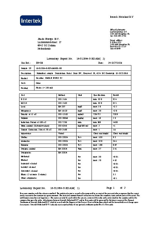 Intertek Nederland B. V Office/Laboratory Leerlooierstraat 135 3194 AB Hoogvliet Rt Tel. 010 -490