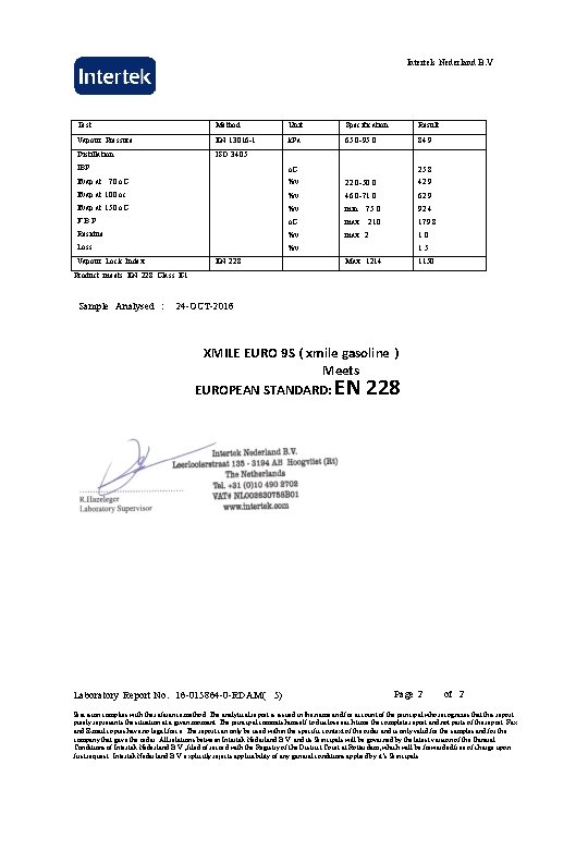 Intertek Nederland B. V Test Method Unit Specification Result Vapour Pressure EN 13016 -1