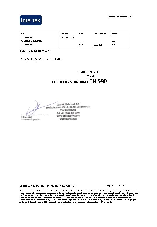 Intertek Nederland B. V Test Method Conductivity ASTM D 2624 Unit Measuring Temperature o.