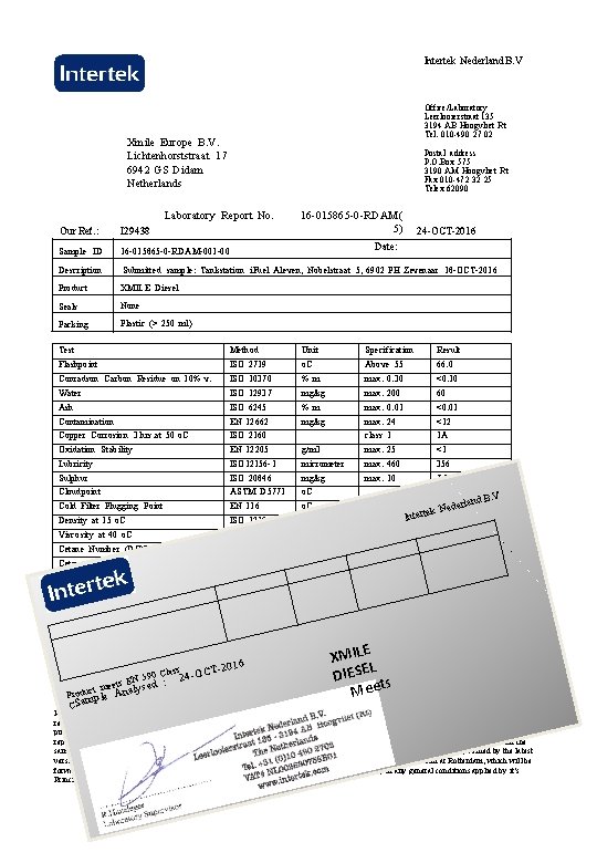 Intertek Nederland B. V Office/Laboratory Leerlooierstraat 135 3194 AB Hoogvliet Rt Tel. 010 -490