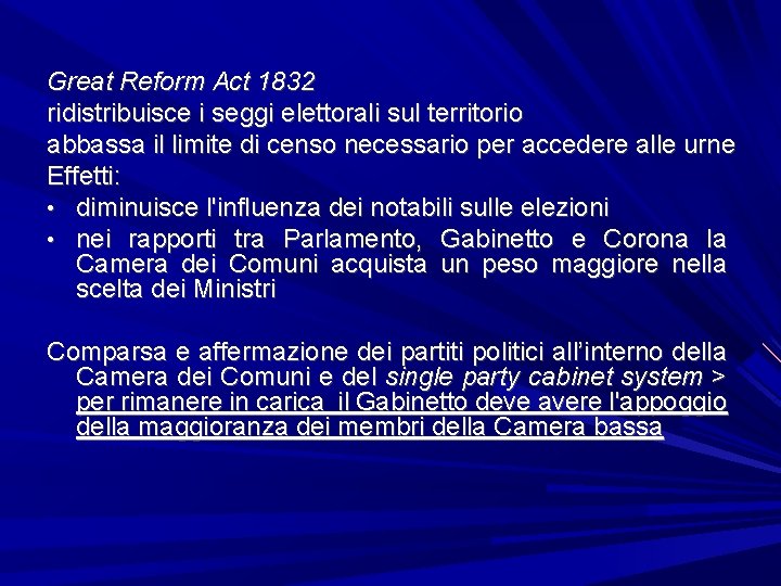 Great Reform Act 1832 ridistribuisce i seggi elettorali sul territorio abbassa il limite di