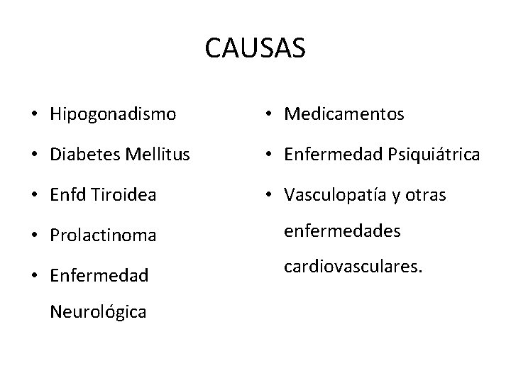 CAUSAS • Hipogonadismo • Medicamentos • Diabetes Mellitus • Enfermedad Psiquiátrica • Enfd Tiroidea