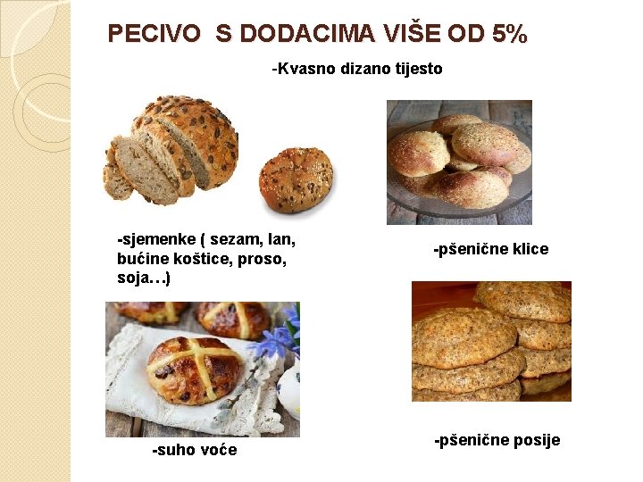 PECIVO S DODACIMA VIŠE OD 5% -Kvasno dizano tijesto -sjemenke ( sezam, lan, bućine