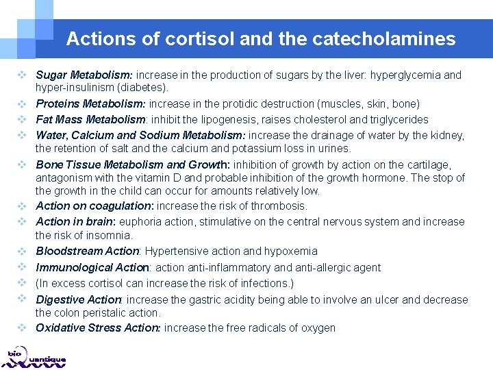 Actions of cortisol and the catecholamines Sugar Metabolism: increase in the production of sugars Actions of cortisol and the catecholamines Sugar Metabolism: increase in the production of sugars