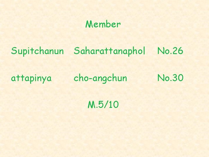 Member Supitchanun Saharattanaphol No. 26 attapinya cho-angchun No. 30 M. 5/10 