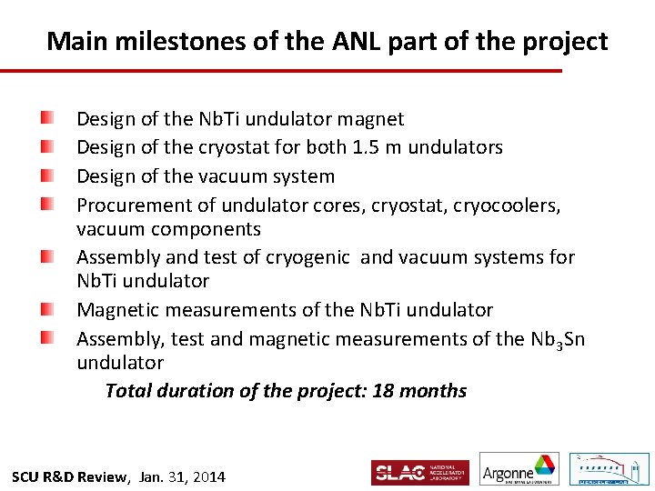 Main milestones of the ANL part of the project Design of the Nb. Ti