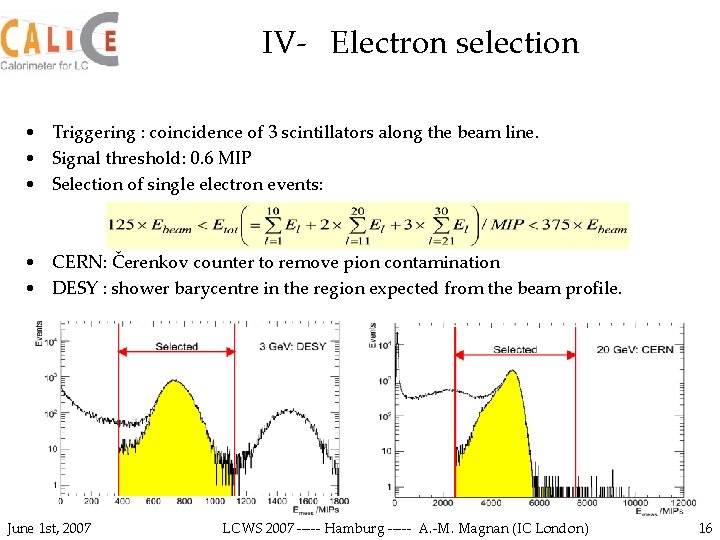 IV- Electron selection • Triggering : coincidence of 3 scintillators along the beam line.