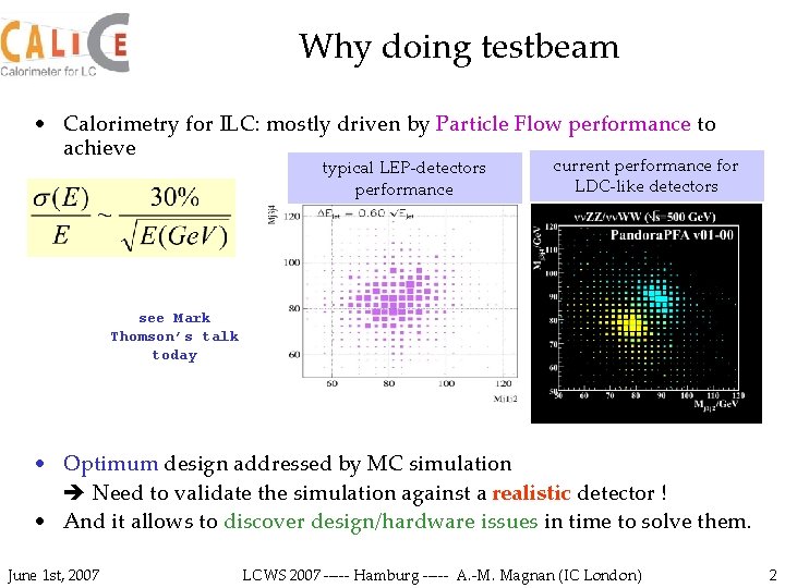 Why doing testbeam • Calorimetry for ILC: mostly driven by Particle Flow performance to