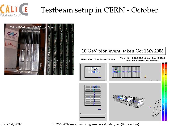 Testbeam setup in CERN - October 10 Ge. V pion event, taken Oct 16