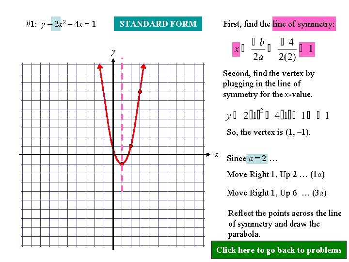 #1: y = 2 x 2 – 4 x + 1 STANDARD FORM First,