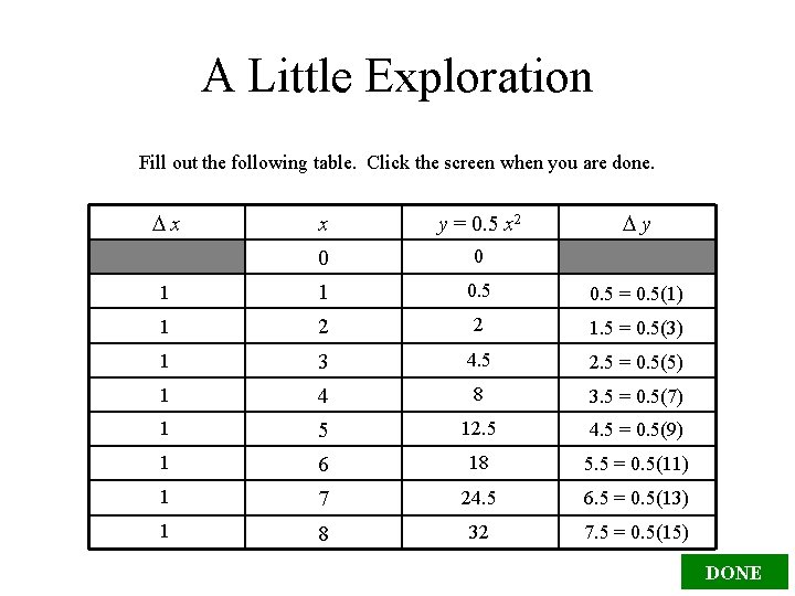 A Little Exploration Fill out the following table. Click the screen when you are