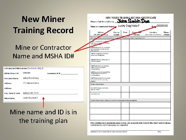 New Miner Training Record Mine or Contractor Name and MSHA ID# Mine name and
