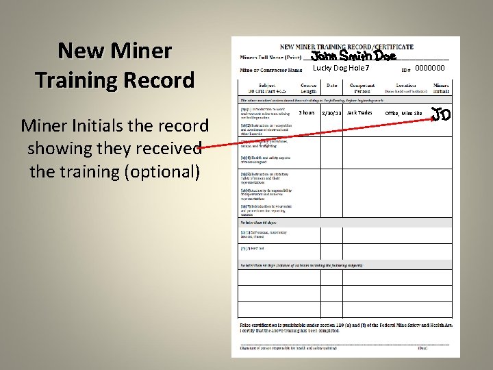 New Miner Training Record Miner Initials the record showing they received the training (optional)