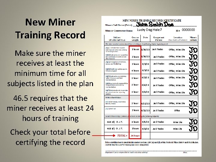 New Miner Training Record Lucky Dog Hole 7 Make sure the miner receives at