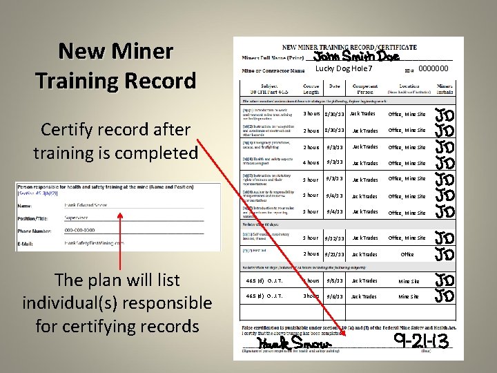 New Miner Training Record Lucky Dog Hole 7 3 hours 8/30/13 Certify record after