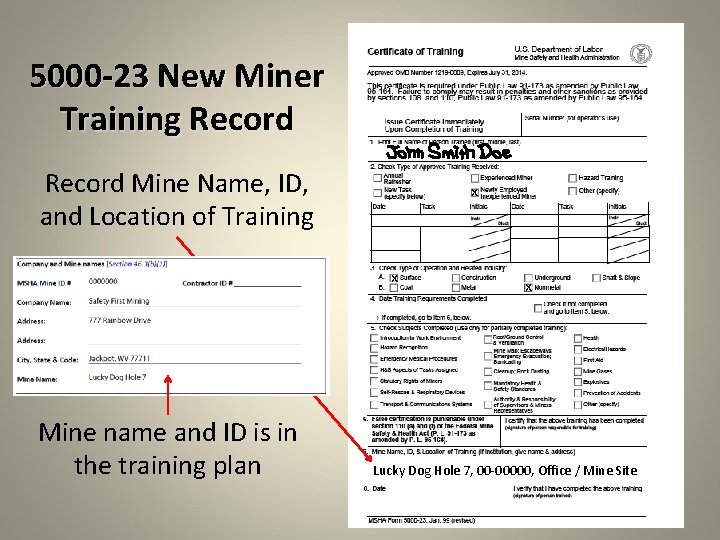 5000 -23 New Miner Training Record Mine Name, ID, and Location of Training x