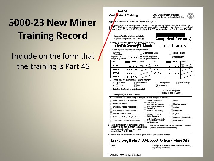 Part 46 5000 -23 New Miner Training Record Competent Person(s) Jack Trades Include on