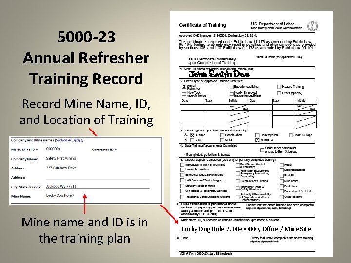 5000 -23 Annual Refresher Training Record x Record Mine Name, ID, and Location of