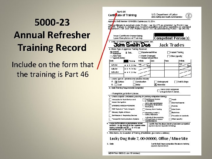 Part 46 5000 -23 Annual Refresher Training Record Include on the form that the