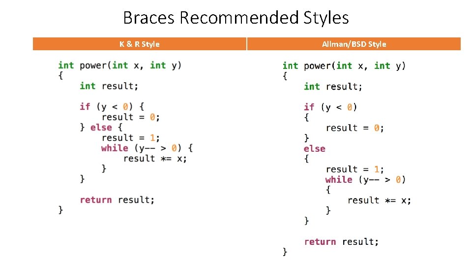 Braces Recommended Styles K & R Style Allman/BSD Style Braces Recommended Styles K & R Style Allman/BSD Style