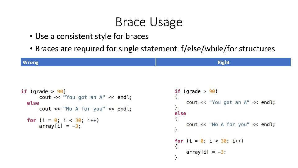 Brace Usage • Use a consistent style for braces • Braces are required for Brace Usage • Use a consistent style for braces • Braces are required for