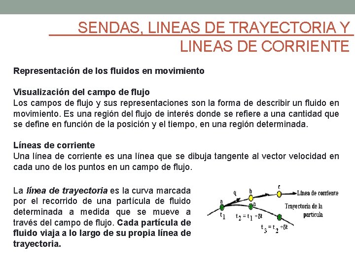 SENDAS, LINEAS DE TRAYECTORIA Y LINEAS DE CORRIENTE Representación de los fluidos en movimiento