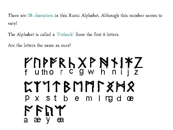 There are 28 characters in this Runic Alphabet. Although this number seems to vary!