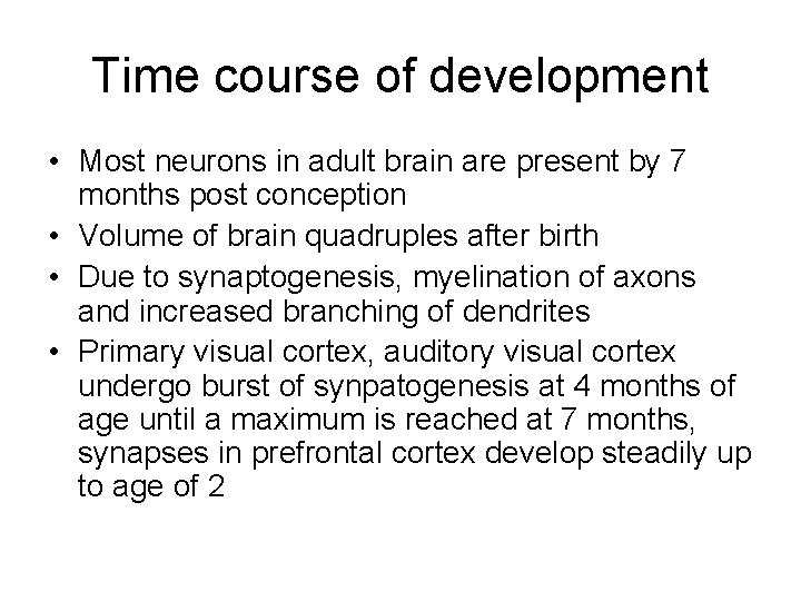 Time course of development • Most neurons in adult brain are present by 7