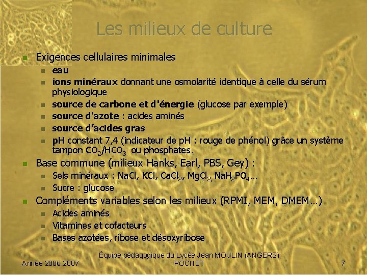 Les milieux de culture n Exigences cellulaires minimales n n n n Base commune