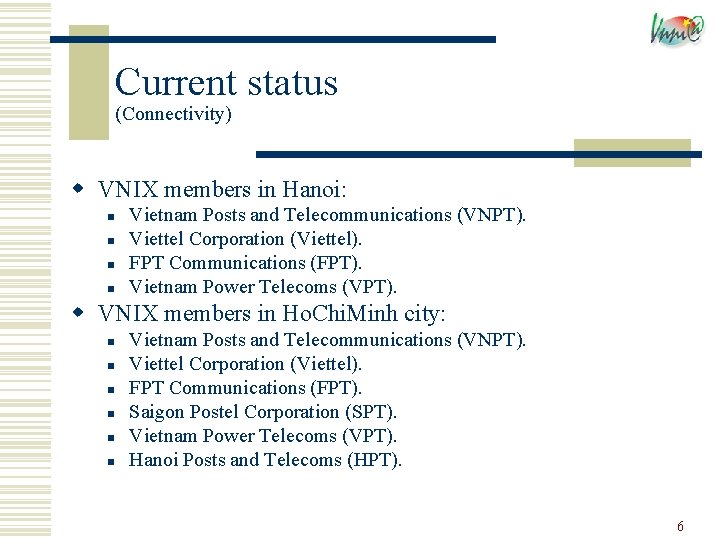 Current status (Connectivity) w VNIX members in Hanoi: n n Vietnam Posts and Telecommunications Current status (Connectivity) w VNIX members in Hanoi: n n Vietnam Posts and Telecommunications