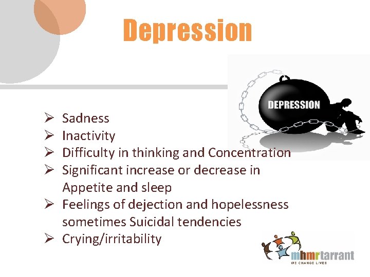 Depression Sadness Inactivity Difficulty in thinking and Concentration Significant increase or decrease in Appetite