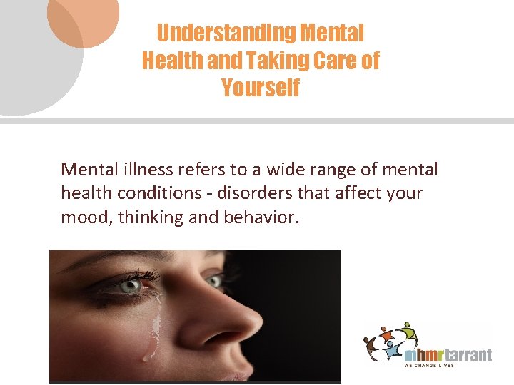 Understanding Mental Health and Taking Care of Yourself Mental illness refers to a wide
