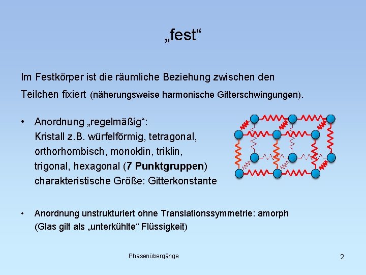 „fest“ Im Festkörper ist die räumliche Beziehung zwischen den Teilchen fixiert (näherungsweise harmonische Gitterschwingungen).