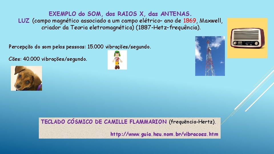 EXEMPLO do SOM, dos RAIOS X, das ANTENAS. LUZ (campo magnético associado a um