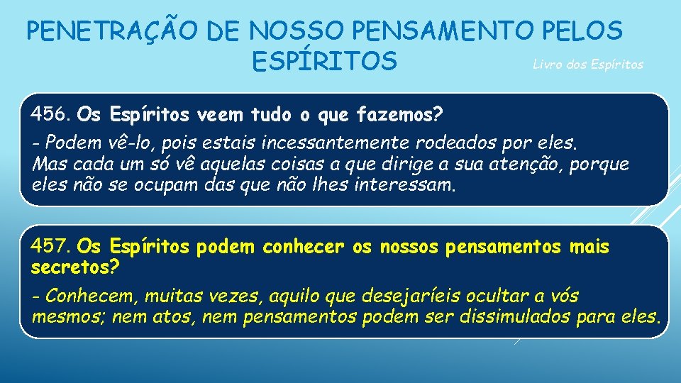 PENETRAÇÃO DE NOSSO PENSAMENTO PELOS Livro dos Espíritos ESPÍRITOS 456. Os Espíritos veem tudo