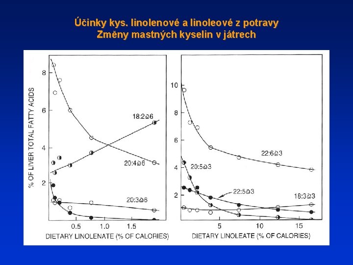 Účinky kys. linolenové a linoleové z potravy Změny mastných kyselin v játrech 