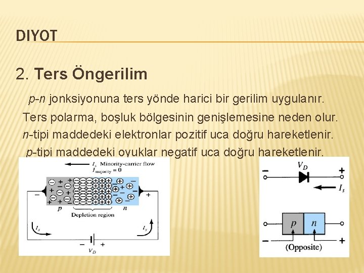 DIYOT 2. Ters Öngerilim p-n jonksiyonuna ters yönde harici bir gerilim uygulanır. Ters polarma,