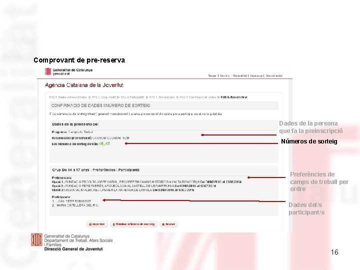 Comprovant de pre-reserva Dades de la persona que fa la preinscripció Números de sorteig