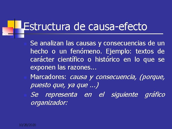 Estructura de causa-efecto n n n Se analizan las causas y consecuencias de un