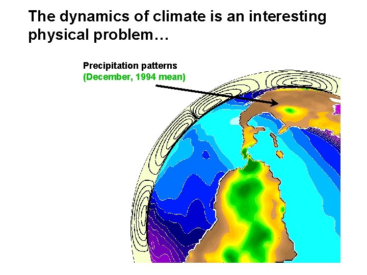 The dynamics of climate is an interesting physical problem… Precipitation patterns (December, 1994 mean)