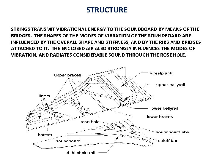 STRUCTURE STRINGS TRANSMIT VIBRATIONAL ENERGY TO THE SOUNDBOARD BY MEANS OF THE BRIDGES. THE
