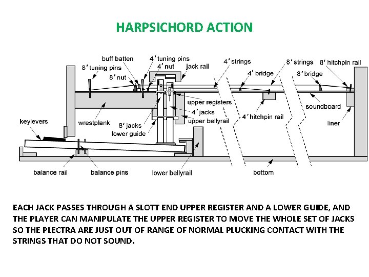 HARPSICHORD ACTION EACH JACK PASSES THROUGH A SLOTT END UPPER REGISTER AND A LOWER HARPSICHORD ACTION EACH JACK PASSES THROUGH A SLOTT END UPPER REGISTER AND A LOWER