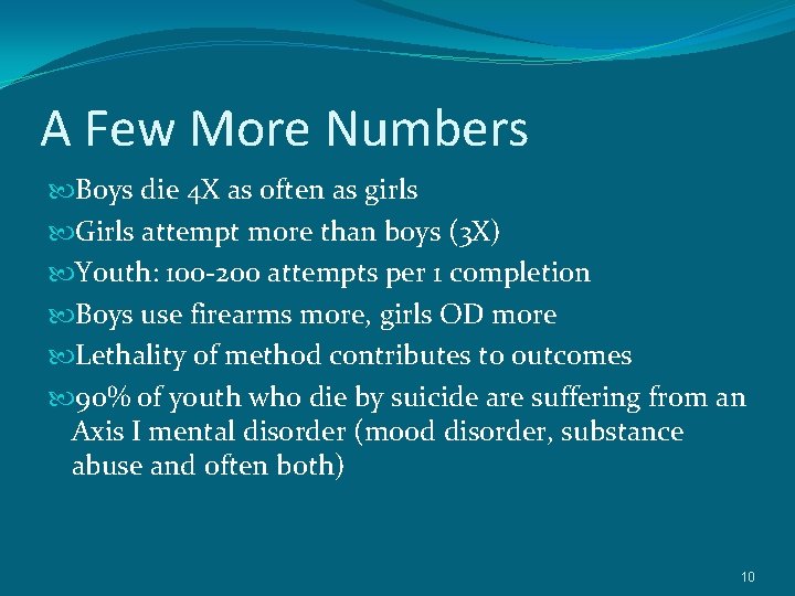 A Few More Numbers Boys die 4 X as often as girls Girls attempt