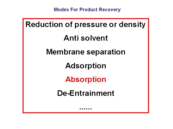 Modes For Product Recovery Reduction of pressure or density Anti solvent Membrane separation Adsorption