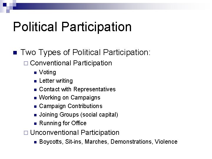 Political Participation n Two Types of Political Participation: ¨ Conventional n n n n