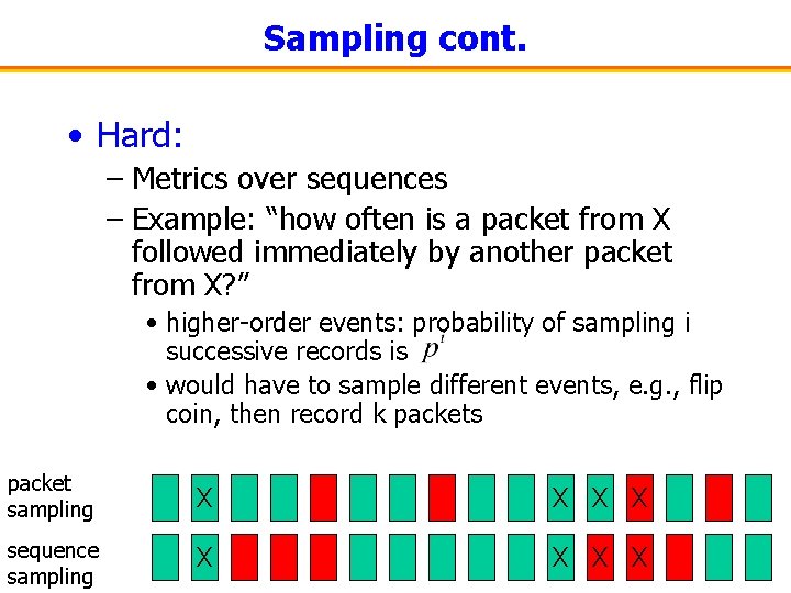 Sampling cont. • Hard: – Metrics over sequences – Example: “how often is a