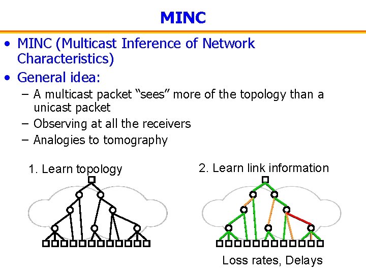 MINC • MINC (Multicast Inference of Network Characteristics) • General idea: – A multicast