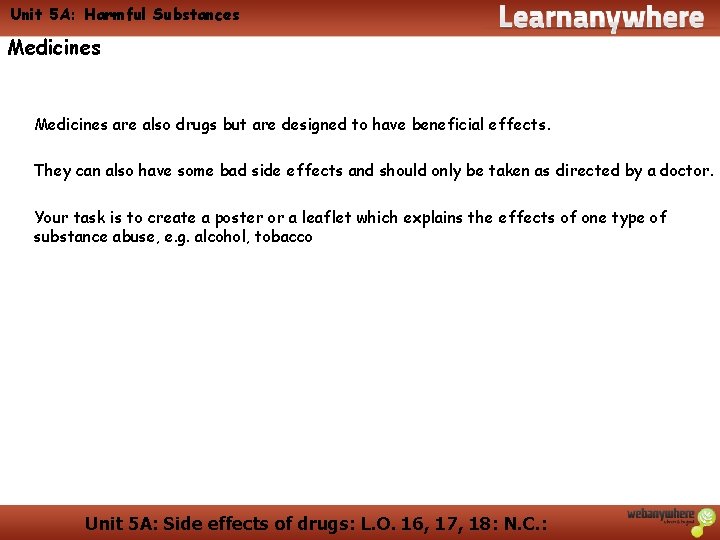 Unit 5 A: Harmful Substances Medicines are also drugs but are designed to have Unit 5 A: Harmful Substances Medicines are also drugs but are designed to have